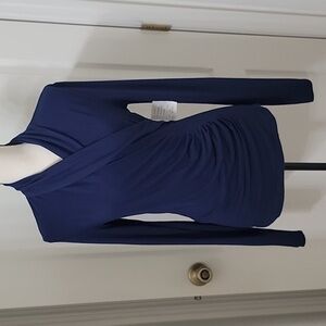 Grace Elements Size M Navy Blue Faux Wrap Long Sleeve Pullover Top, NEW